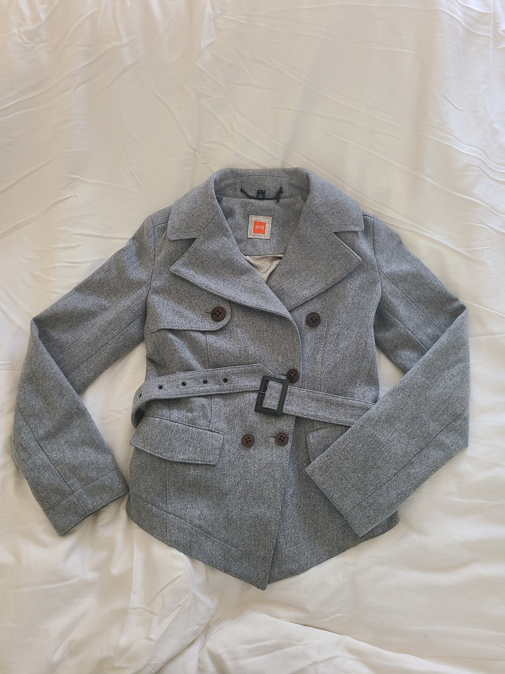 Vintage Hugo Boss Wool Gray Double-Breasted Belted Jacket Size 4